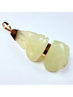 Estate 14K Gold Old Chinese Carved Mutton Fat White Jade Nephrite 3.2" Pendant